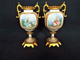 Antique Sevres Paris Porcelain Pair Hand Painted Signed Delys Ormolu Vases 1870