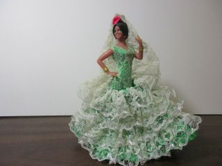 Marin Chiclana Flamenco Doll In Green,  White And Silver Dress