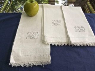 Set 3 Antique Irish Huck Linen Bath & Face Towels Lace Trim Embroidered Mono Asd