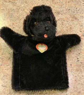 Antique 9 1/2 " Steiff Germany Black Mohair Snobby Poodle Dog Puppet W/ Button