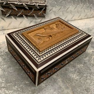 Antique Asian Intricate Wooden Box Hand Carved Inlay Wood Jade Ivory Jewelry Htf