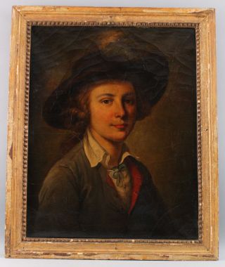 19thc Antique,  O/c Portrait Oil Painting,  Young Boy With Feathered Hat,  Nr