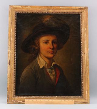 19thC Antique,  O/C Portrait Oil Painting,  Young Boy with Feathered Hat,  NR 2
