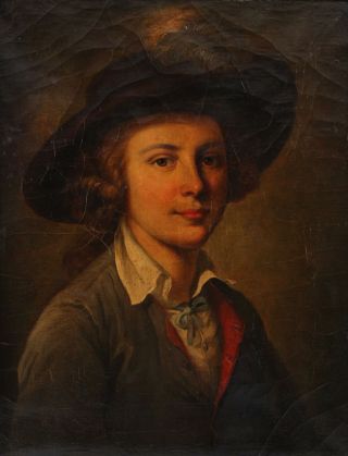 19thC Antique,  O/C Portrait Oil Painting,  Young Boy with Feathered Hat,  NR 3