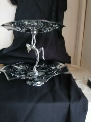 Vintage Art Deco Naked Lady Chrome Plated 2 Tier Cake Stand