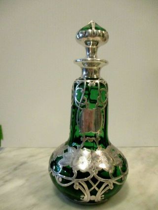 Antique Art Nouveau Sterling Silver Overlay Emerald Glass Perfume Cruet Bottle