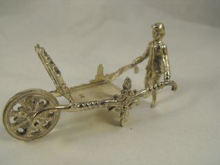 Dutch Solid Silver Vintage Miniature Man With Wheelbarrow,  Import London 1973