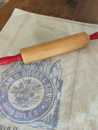 Vintage Rolling Pin 10 " With Bright Red Handles Antique