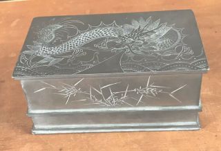 Antique Kut Hing Pewter Swatow Cir1900 Chinese Tea Caddy - Box W Dragons & Tray