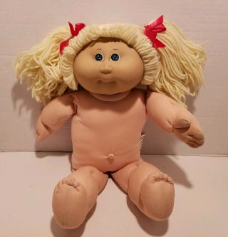 Vintage 1978 1982 Girl Cabbage Patch Doll Blonde Blue Eyes Red Bows D