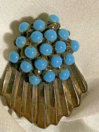 Antique Vogue Belt Chicago Art Deco Lt.  Blue Beads On Bronze Fan Fur Dress Clip