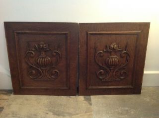 A Antique Carved Oak Panels Decorated Urn And Scrolls,