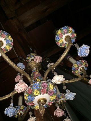 Antique Chandelier Capodimonte Porcelain Rose Made In Italy