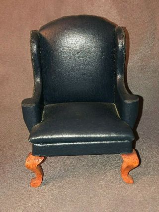 Dollhouse Miniature Vintage Wing Back Armchair Chair In Navy Blue Faux Leather