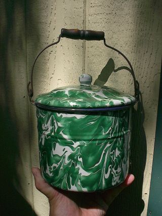 Scarce Old C.  1900 Antique Green & White Graniteware 7” Pot & Lid