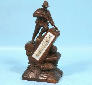 Antique Swiss Black Forest Wood Carved Thermometer Hunt Bird Reaumur Celsius