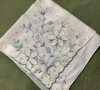 Old Vintage Applique Work,  Cut Work,  Sky Blue Embroidery Handkerchief 14 1/2 " Sq
