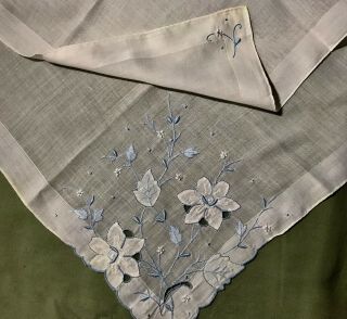 Old Vintage Applique Work,  Cut Work,  Sky Blue Embroidery Handkerchief 14 1/2 