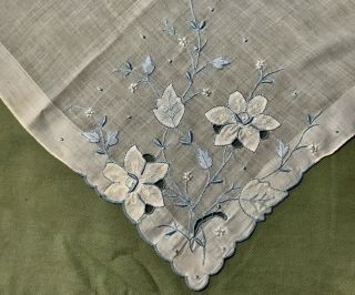 Old Vintage Applique Work,  Cut Work,  Sky Blue Embroidery Handkerchief 14 1/2 