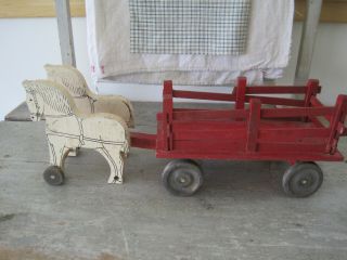 Vintage Primitive Wood Toy White Horses And Red Wagon With Wood Wheels Aafa