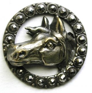 Antique Silver On Brass Button Detailed Horse Head W/ Cut Steel Border 1 & 1/16 "