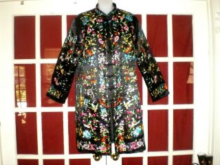Fine Old Chinese Black Silk Long Jacket/robe W/embroidered Birds/flowers Sz Xxl