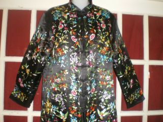 FINE Old Chinese Black Silk Long Jacket/Robe w/Embroidered Birds/Flowers Sz XXL 2