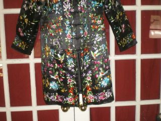 FINE Old Chinese Black Silk Long Jacket/Robe w/Embroidered Birds/Flowers Sz XXL 3