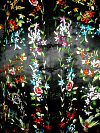 FINE Old Chinese Black Silk Long Jacket/Robe w/Embroidered Birds/Flowers Sz XXL 5