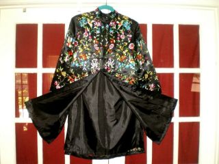 FINE Old Chinese Black Silk Long Jacket/Robe w/Embroidered Birds/Flowers Sz XXL 6