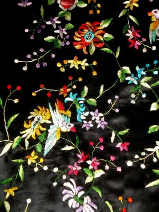 FINE Old Chinese Black Silk Long Jacket/Robe w/Embroidered Birds/Flowers Sz XXL 7