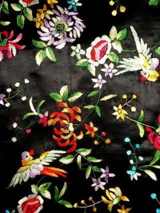FINE Old Chinese Black Silk Long Jacket/Robe w/Embroidered Birds/Flowers Sz XXL 8