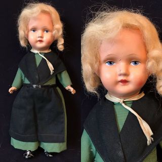 11” Antique German Papier Mache Amish Doll,  Compo Body,  Mohair Wig