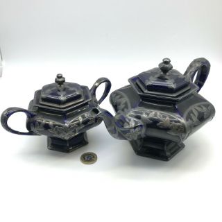 A Fine Silver & Porcelain Cobalt Blue Tea Pot And Sugar Lidded Pot 50 Off