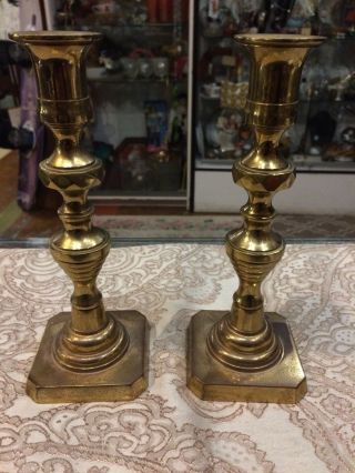 Vintage Pair Antique Federal Diamond Brass Candle Sticks Candle Holder 9” Tall