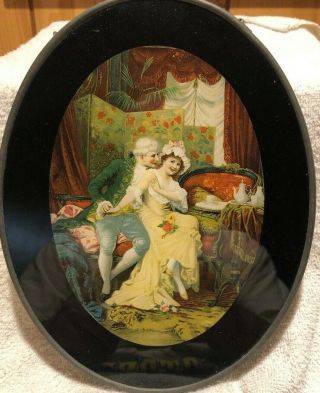 Antique Chimney Flue Oval Cover Victorian Man And Young Lady Litho - 6 1