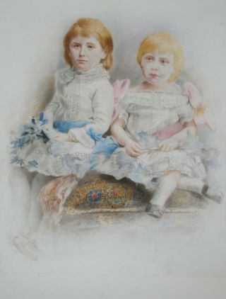 Large Antique 19th Century Handpainted Portrait Of Two Children On Glass
