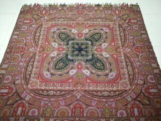 Antique French Paisley Kashmir Piano Shawl Woolen Square Size 74 " X74 "