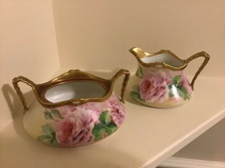 Antique Ginori Firenze Ware Italy Roses Creamer & Sugar Hand Painted Signed