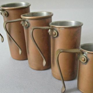 Set 4 Antique Arts,  Crafts Nesting Copper Measuring Cups Tin Lined W Handles