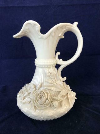 Fine Antique Belleek Porcelain Applied Flower Jug 2nd Black Mark.  C1890.