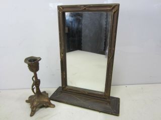 Vintage Wooden Stand Up Vanity Mirror & Art Nouveau Candlestick