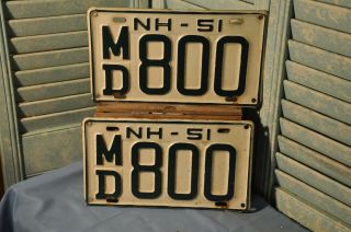 2 Antique 1951 Hampshire License Plates Md 800 Matched Pair Merrimack