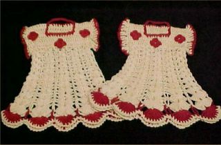 2 Vintage Antique Hand Crocheted Potholder Dresses Shabby 1940s Chic Cherry Red