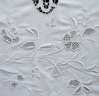 Exceptional Antique Linen Pillow Layover Openwork Embroidery Needlelace Monogram