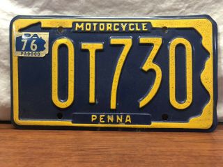 Vintage 1976 Antique Motorcycle Pennsylvania Mc License Plate 76 Tag Sticker