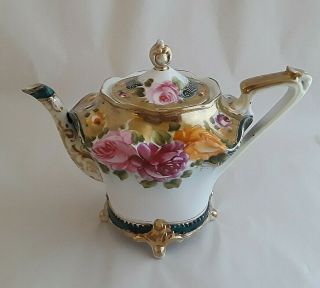 Antique Nippon Hand Painted Moriage Trim Rose Floral Teapot Coffee Pot Pink Gold