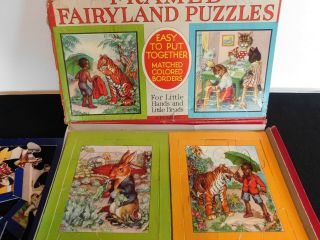 Antique Set Of 6 Fairyland Puzzles Black Sambo Peter Rabbit Red Ridinghood Box