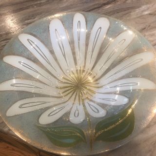 Huge Higgins Art Glass Centerpiece Flower Bowl 17 " Turquoise Gold Signed Mcm Mod