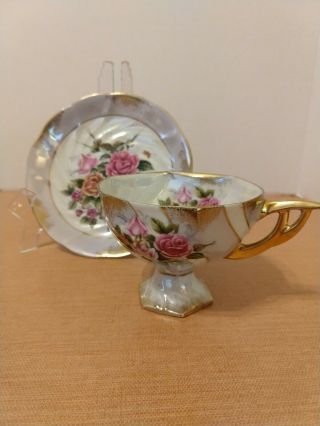 Made In Japan Tea Cup And Saucer Rose 6 Sided Edge; Gold Trim; Luster Blue